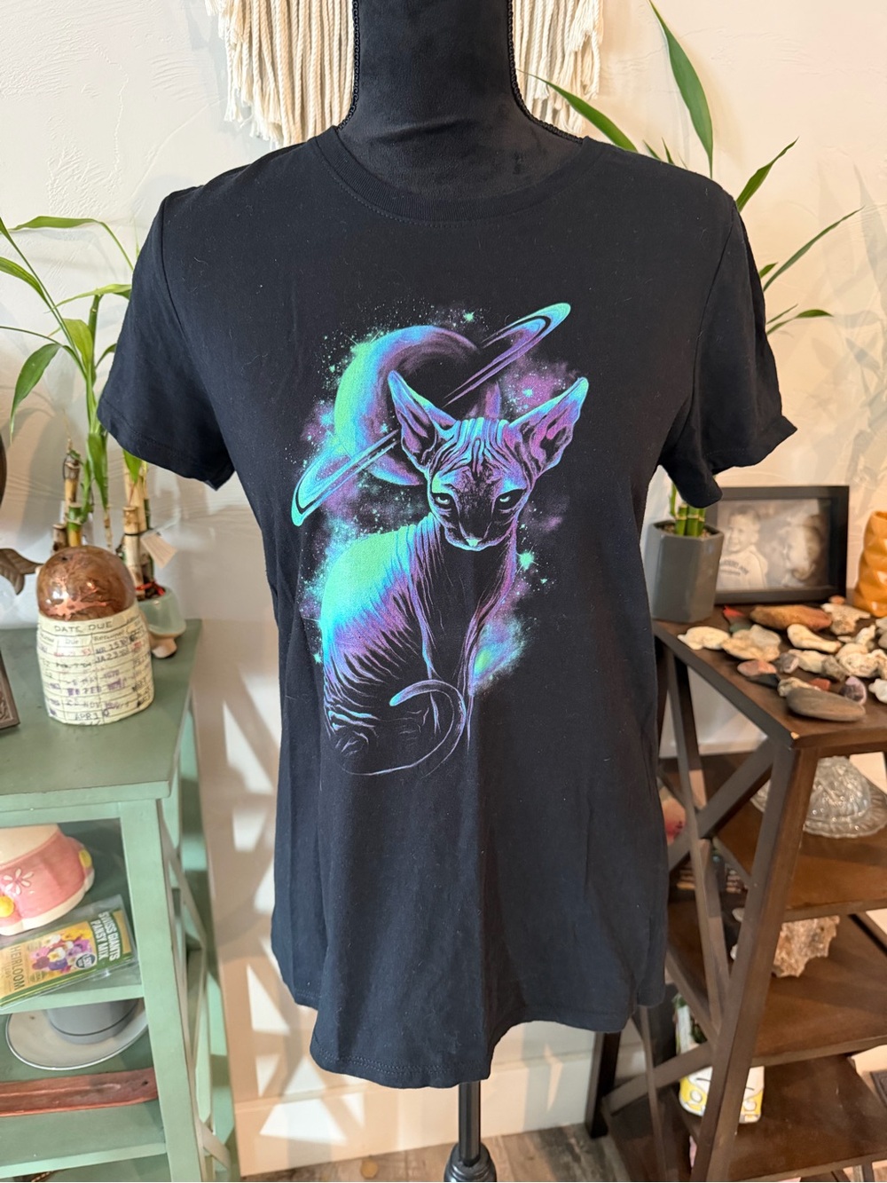 Black Graphic Tee with Neon Galaxy Sphynx